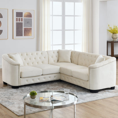 82'' Velvet Chesterfield Corner Sofa, 5-Seater L-Shaped with Nailhead Trim, Removable Cushions, and Solid Wood Base