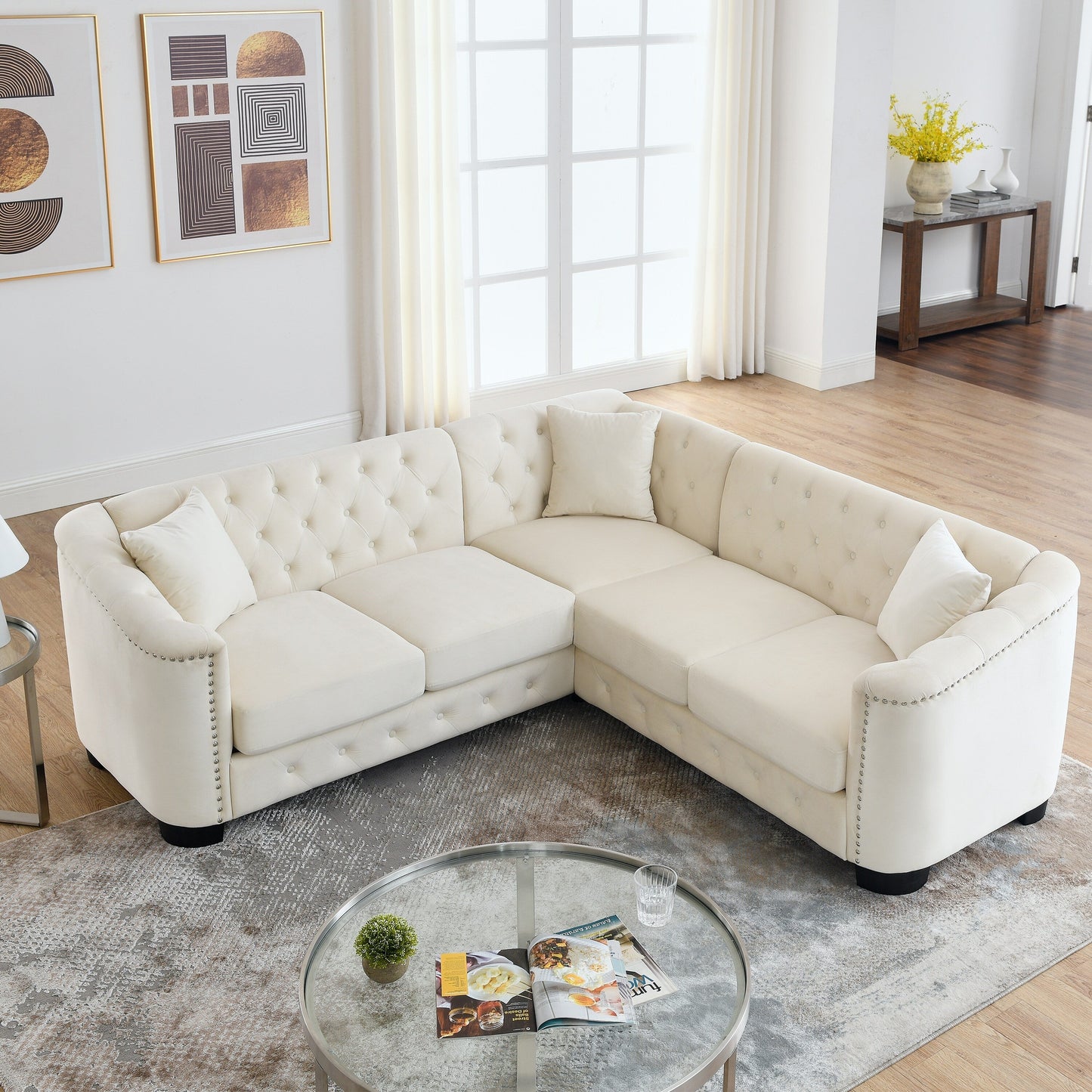 82'' Velvet Chesterfield L-Shaped 5-Seater Sofa with Nailhead Trim, Removable Cushions, and 3 Pillows
