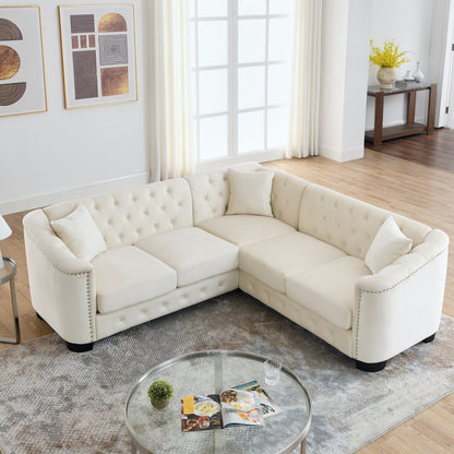82'' Velvet Chesterfield L-Shaped 5-Seater Sofa with Nailhead Trim, Removable Cushions, and 3 Pillows