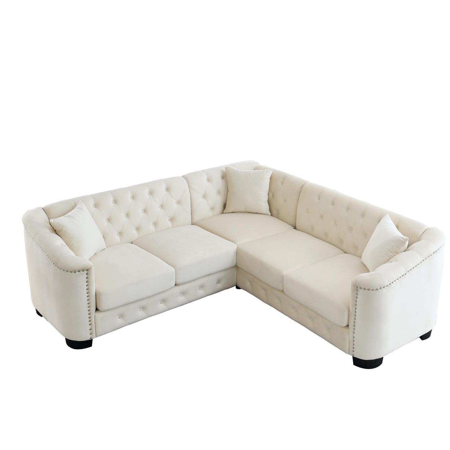 82'' Velvet Chesterfield L-Shaped Corner Sofa with 3 Pillows, Removable Cushions, and Nailhead Trim