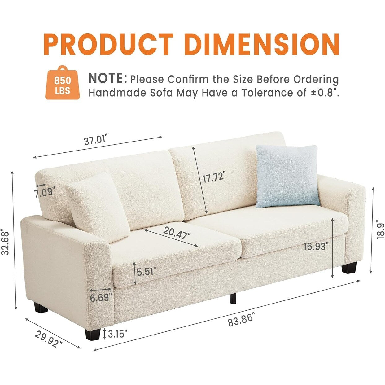 83 Inch Modern 3 Seater Sofa with Deep Seats, Comfortable Cloud Couch for Living Room