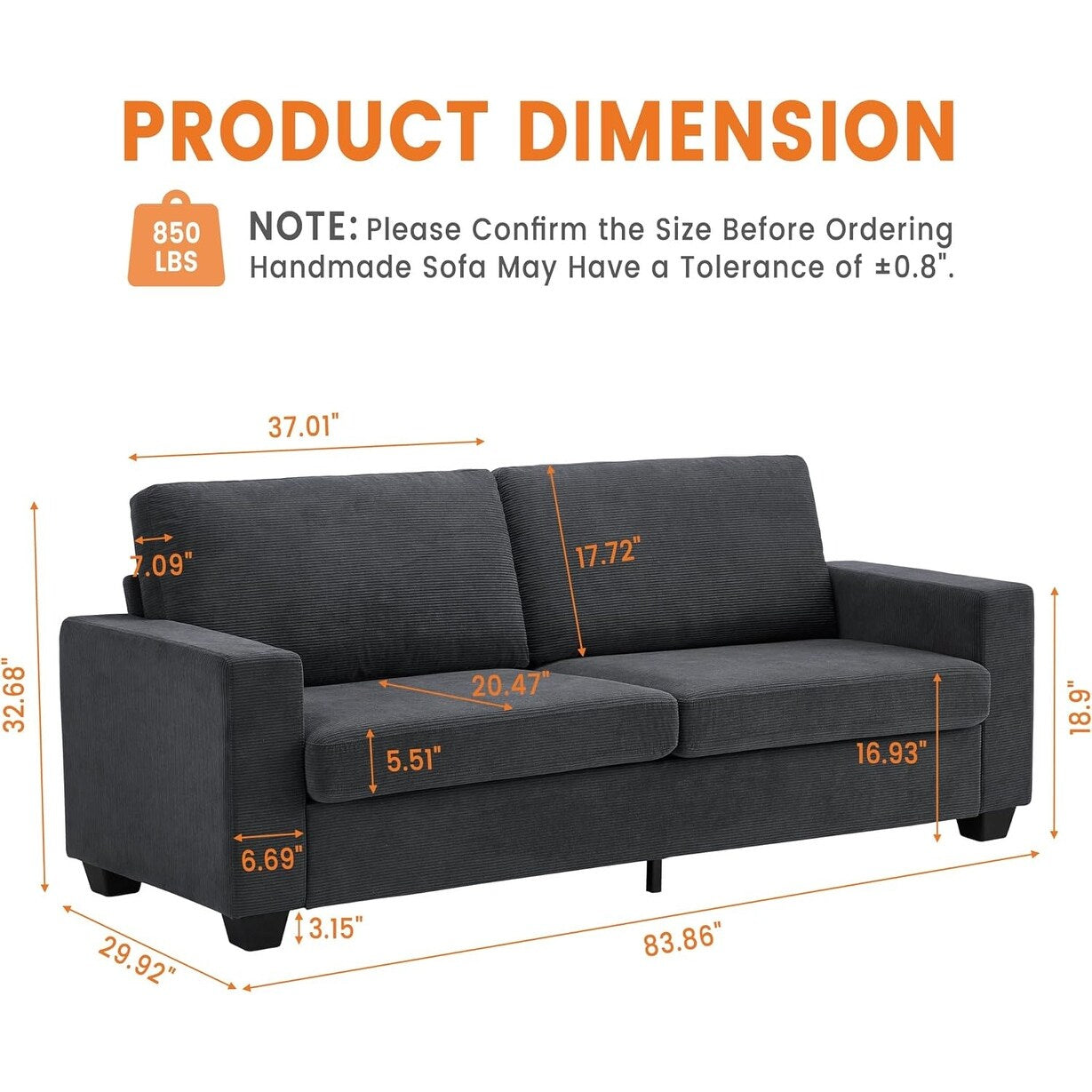 83 Inch Modern 3 Seater Sofa with Deep Seats, Comfortable Cloud Couch for Living Room