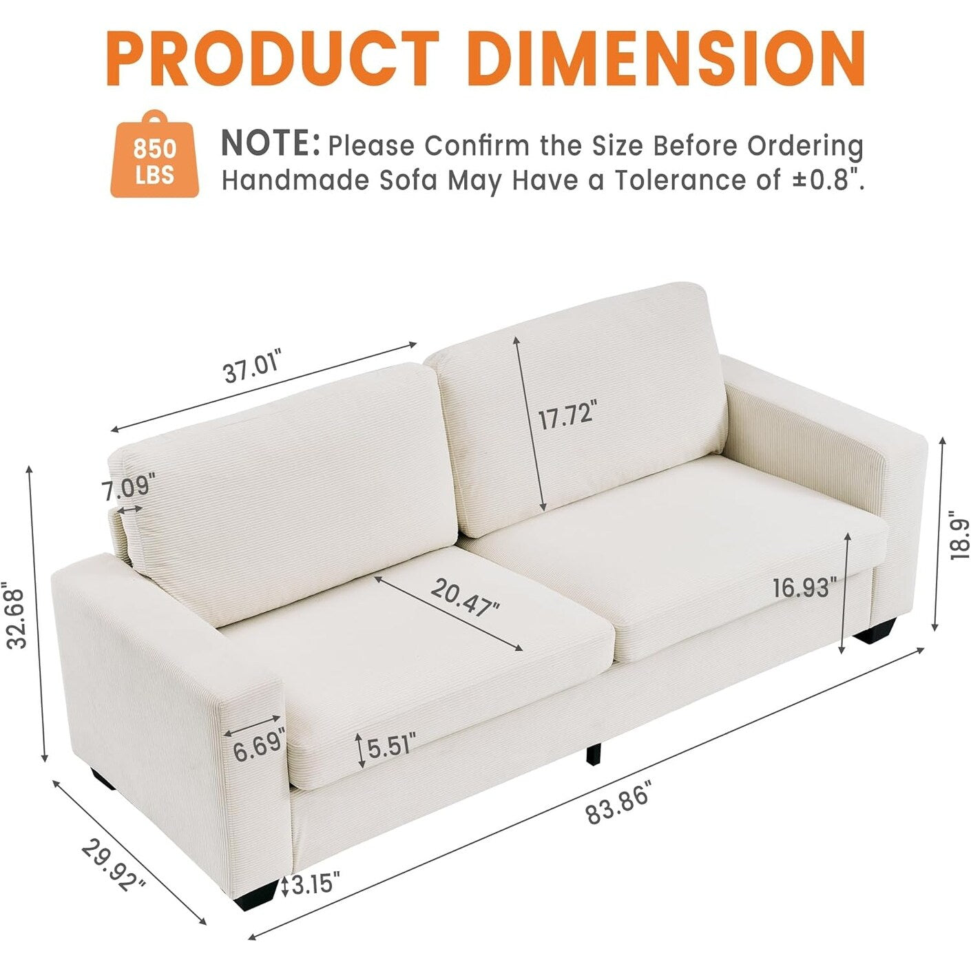 83 Inch Modern 3 Seater Sofa with Deep Seats, Comfortable Cloud Couch for Living Room