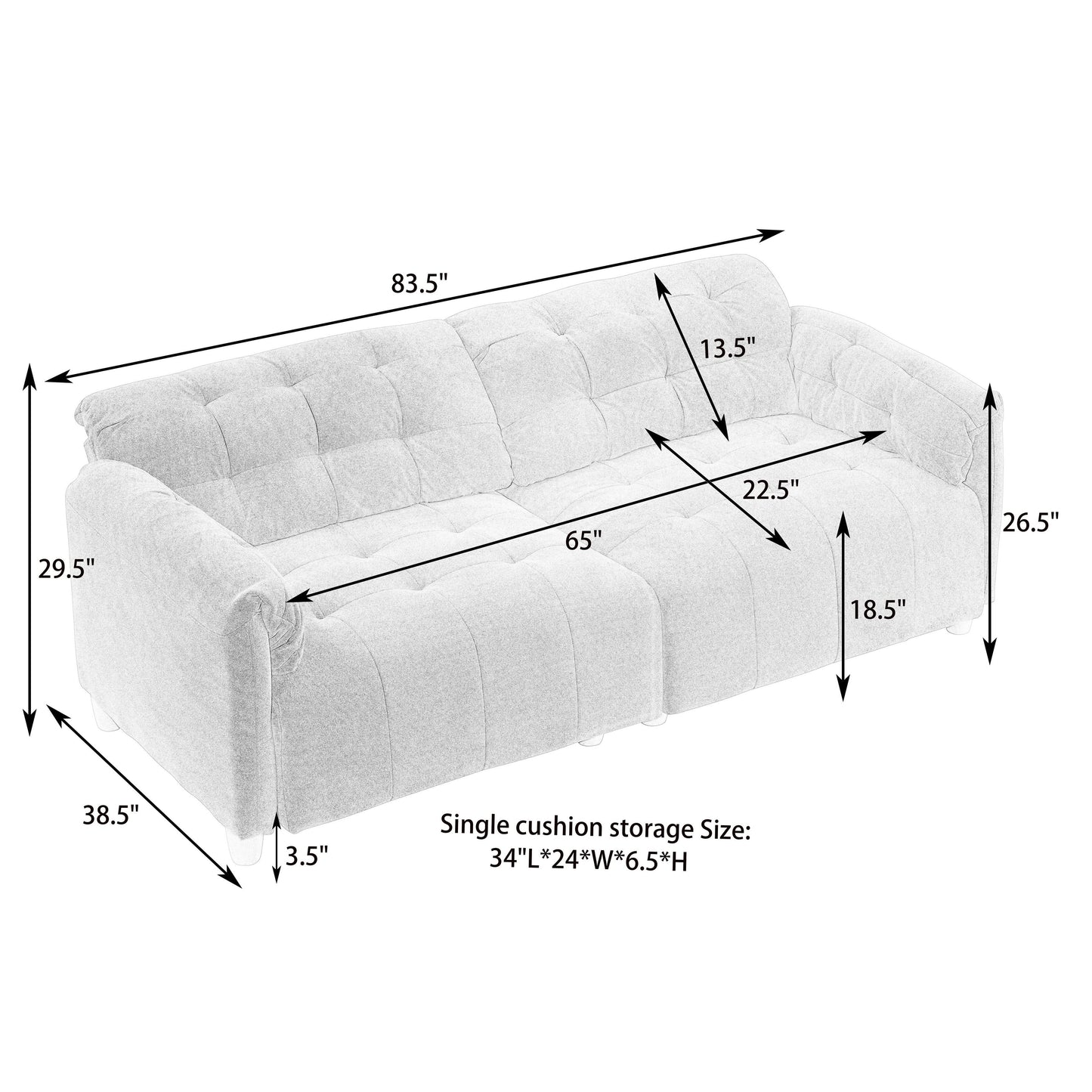 83.1 Flannelette 3-Seater Sofa with High-Density Foam, Solid Wood Frame, Easy Assembly