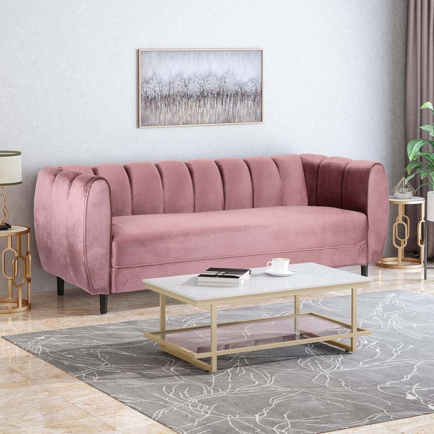 83.25 Velvet Channel Tufted 3-seater Sofa with Birch Wood Legs for Living Room