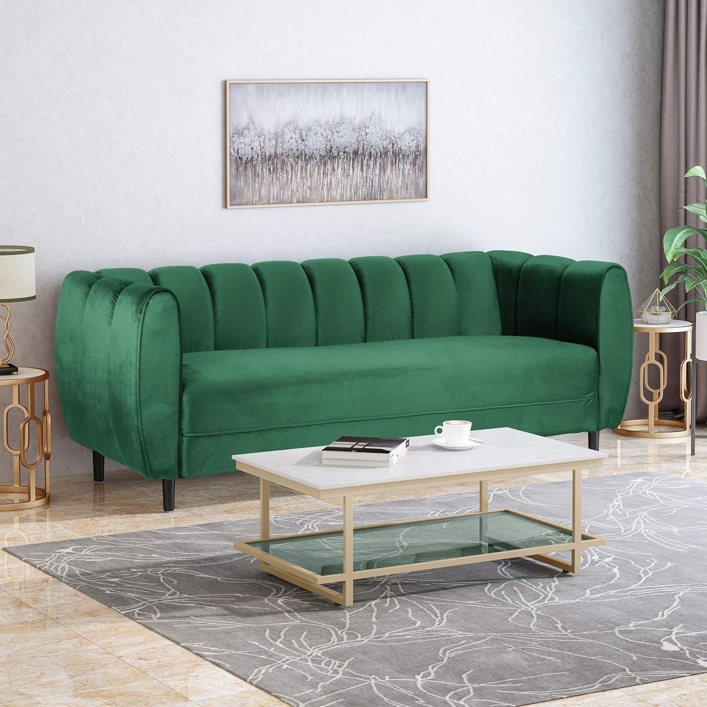 83.25 Velvet Channel Tufted 3-seater Sofa with Birch Wood Legs for Living Room