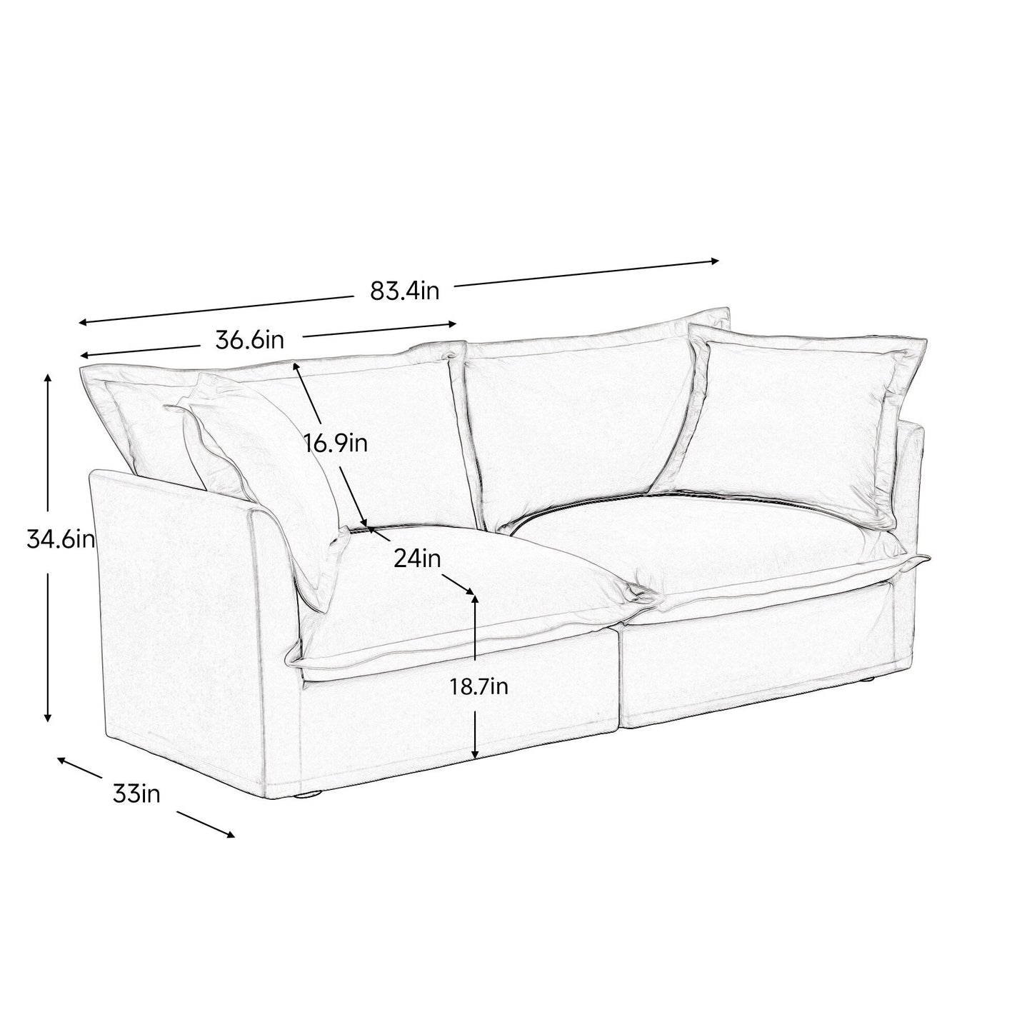 83.4 Chenille Modular 3-Seat Sofa with Removable Washable Covers, 300lb Capacity