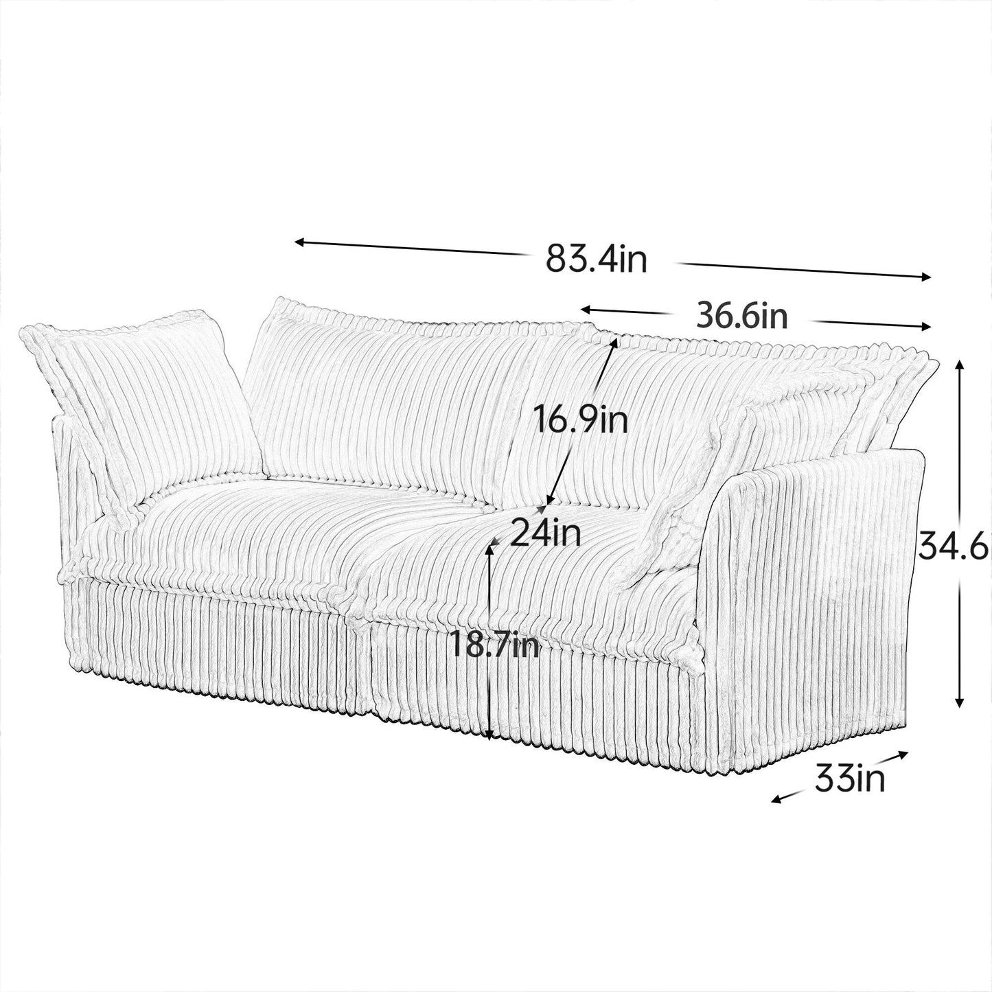 83.4 Corduroy 2-Seater Soft Multiple Sofa with Big Pillows for Living Room