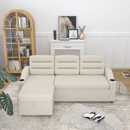 83.5'' Polyester Convertible 3 Seater Sleeper Sofa Couch with Pull-Out Bed, Storage Recliner, Cup Holder, and Side Pockets