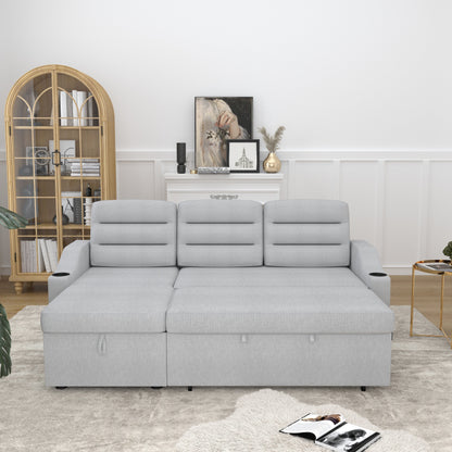 83.5'' Polyester Convertible 3 Seater Sleeper Sofa Couch with Pull-Out Bed, Storage Recliner, Cup Holder, and Side Pockets