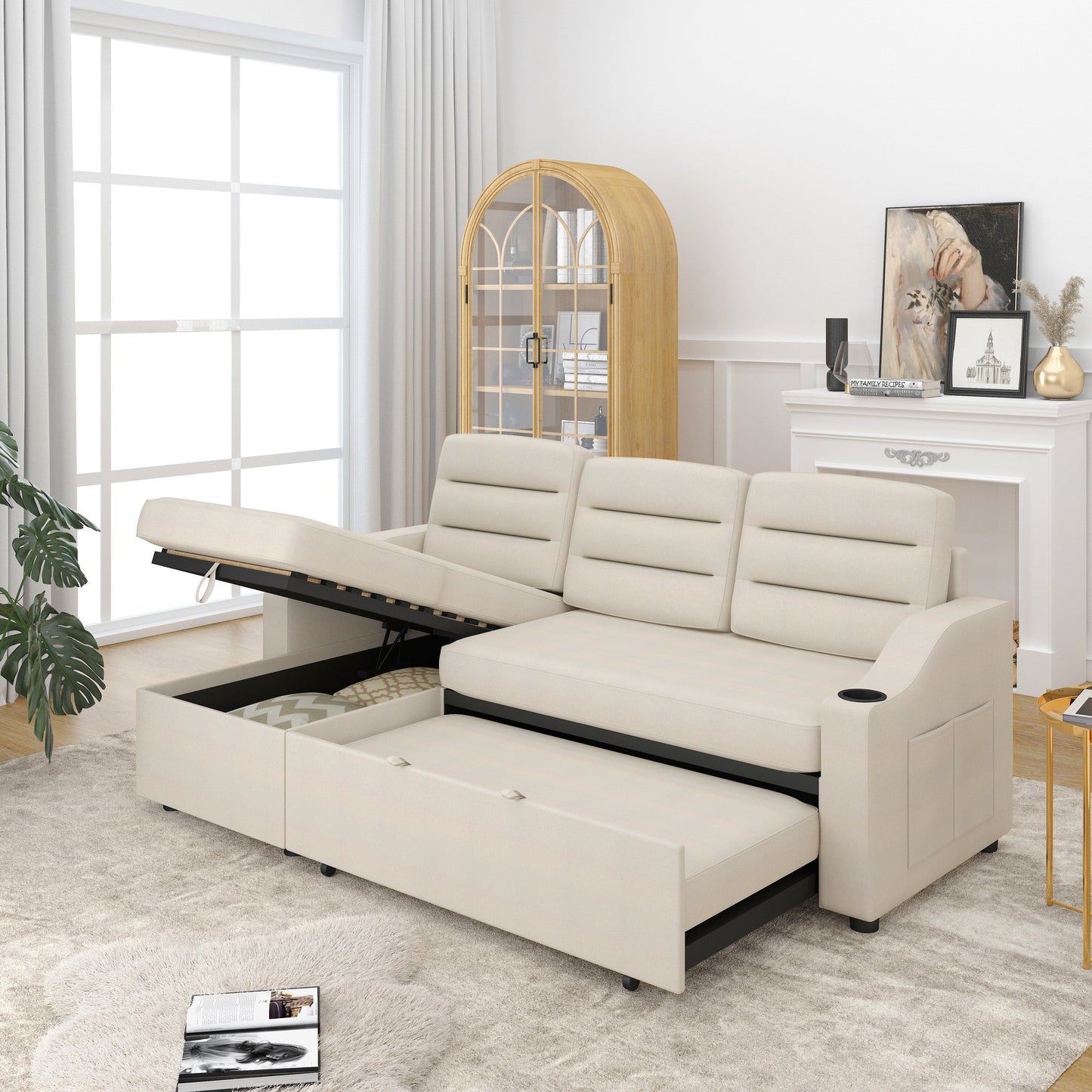 83.5'' Polyester Convertible 3 Seater Sleeper Sofa Couch with Pull-Out Bed, Storage Recliner, Cup Holder, and Side Pockets