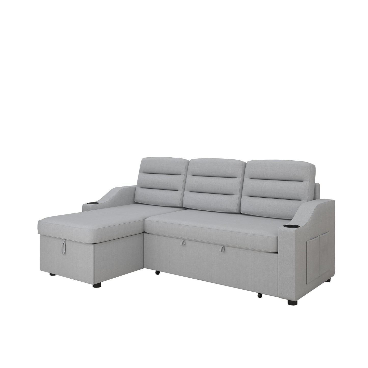 83.5'' Polyester Convertible 3 Seater Sleeper Sofa Couch with Pull-Out Bed, Storage Recliner, Cup Holder, and Side Pockets
