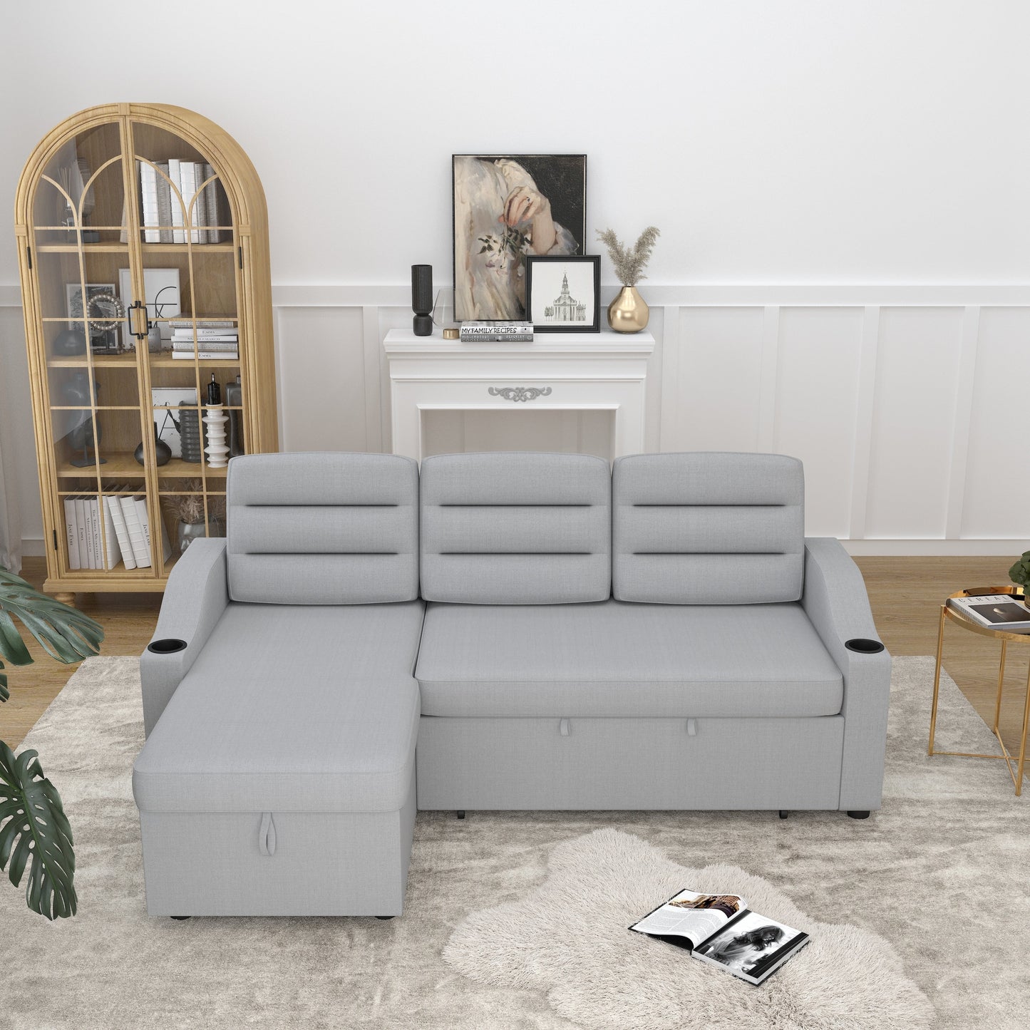 83.5'' Polyester Convertible 3 Seater Sleeper Sofa Couch with Pull-Out Bed, Storage Recliner, Cup Holder, and Side Pockets