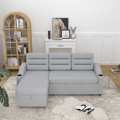 83.5'' Polyester Convertible 3 Seater Sleeper Sofa Couch with Pull-Out Bed, Storage Recliner, Cup Holder, and Side Pockets