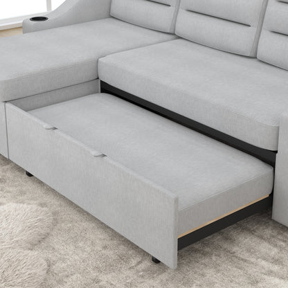 83.5'' Polyester Convertible 3 Seater Sleeper Sofa Couch with Pull-Out Bed, Storage Recliner, Cup Holder, and Side Pockets