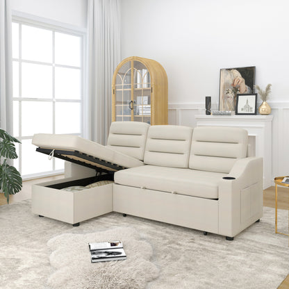 83.5'' Polyester Convertible 3 Seater Sleeper Sofa Couch with Pull-Out Bed, Storage Recliner, Cup Holder, and Side Pockets