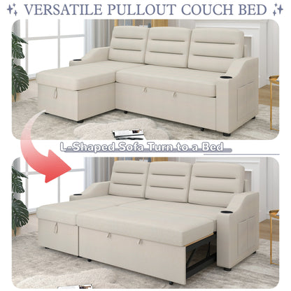 83.5'' Polyester Convertible 3 Seater Sleeper Sofa Couch with Pull-Out Bed, Storage Recliner, Cup Holder, and Side Pockets