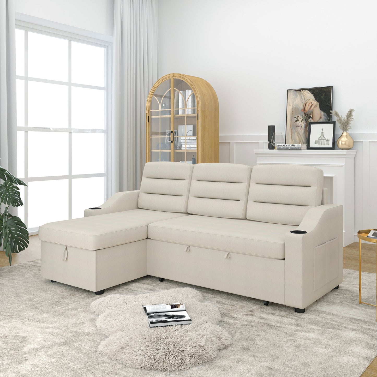83.5'' Polyester Convertible 3 Seater Sleeper Sofa Couch with Pull-Out Bed, Storage Recliner, Cup Holder, and Side Pockets