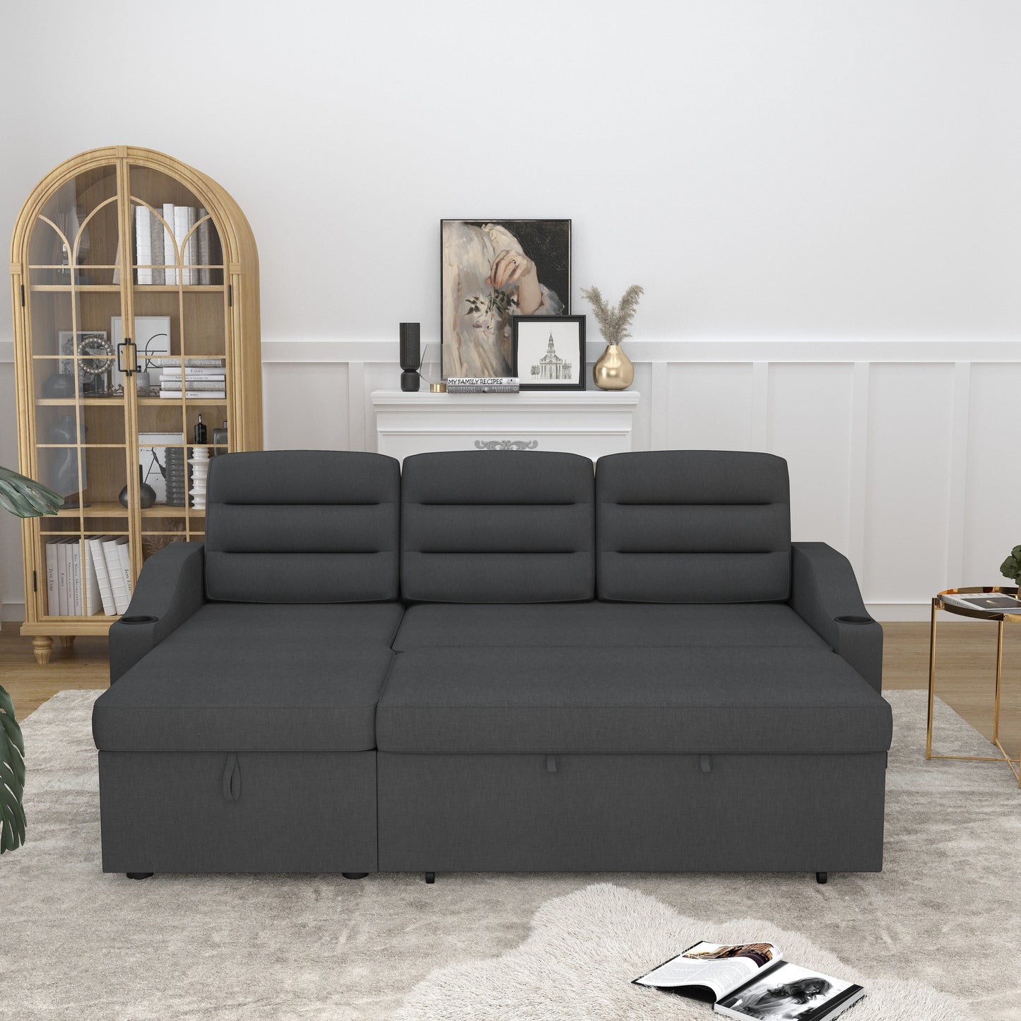 83.5'' Polyester Convertible 3 Seater Sleeper Sofa Couch with Pull-Out Bed, Storage Recliner, Cup Holder, and Side Pockets