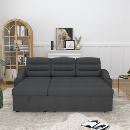 83.5'' Polyester Convertible 3 Seater Sleeper Sofa Couch with Pull-Out Bed, Storage Recliner, Cup Holder, and Side Pockets