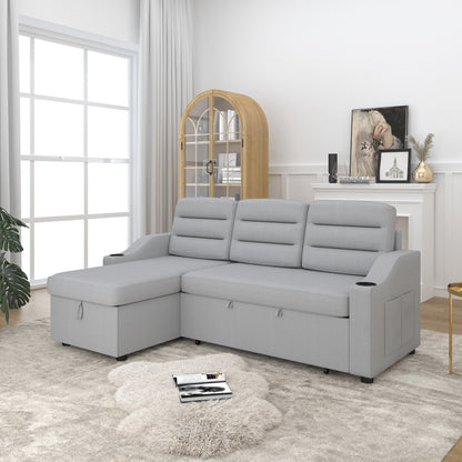 83.5'' Polyester Convertible 3 Seater Sleeper Sofa Couch with Pull-Out Bed, Storage Recliner, Cup Holder, and Side Pockets