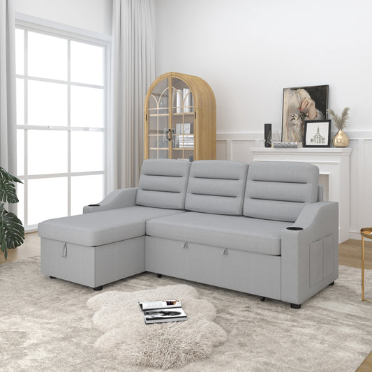 83.5'' Polyester Convertible 3 Seater Sleeper Sofa Couch with Pull-Out Bed, Storage Recliner, Cup Holder, and Side Pockets