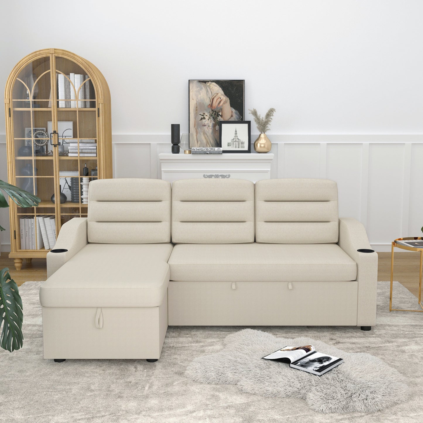 83.5'' Polyester Convertible 3 Seater Sleeper Sofa Couch with Pull-Out Bed, Storage Recliner, Cup Holder, and Side Pockets