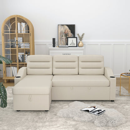83.5'' Polyester Convertible 3 Seater Sleeper Sofa Couch with Pull-Out Bed, Storage Recliner, Cup Holder, and Side Pockets