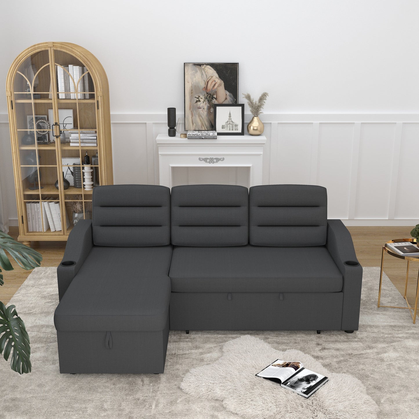 83.5'' Polyester Convertible 3 Seater Sleeper Sofa Couch with Pull-Out Bed, Storage Recliner, Cup Holder, and Side Pockets