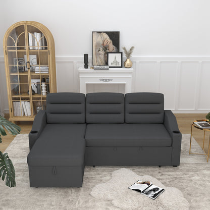 83.5'' Polyester Convertible 3 Seater Sleeper Sofa Couch with Pull-Out Bed, Storage Recliner, Cup Holder, and Side Pockets