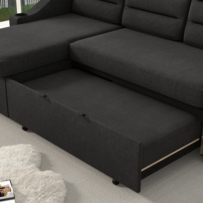83.5'' Polyester Convertible 3 Seater Sleeper Sofa Couch with Pull-Out Bed, Storage Recliner, Cup Holder, and Side Pockets