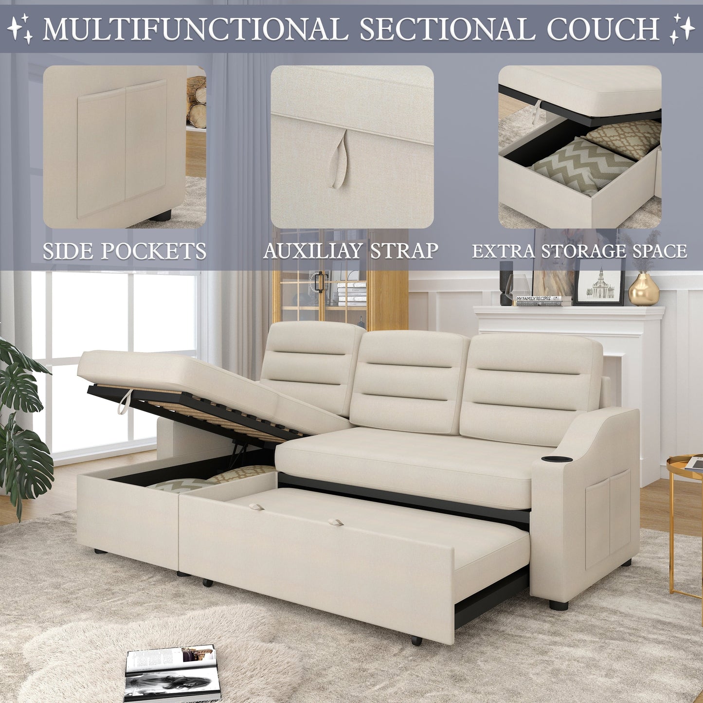 83.5'' Polyester Convertible 3 Seater Sleeper Sofa Couch with Pull-Out Bed, Storage Recliner, Cup Holder, and Side Pockets