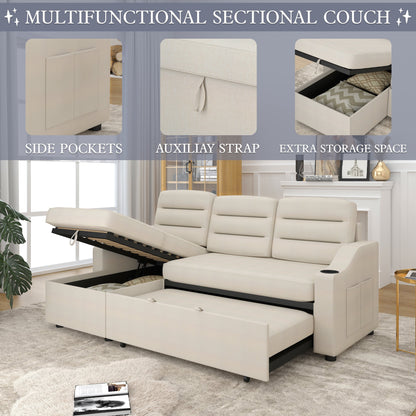 83.5'' Polyester Convertible 3 Seater Sleeper Sofa Couch with Pull-Out Bed, Storage Recliner, Cup Holder, and Side Pockets