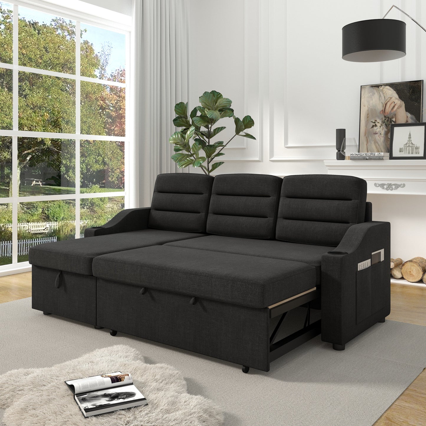 83.5'' Polyester Convertible 3 Seater Sleeper Sofa Couch with Pull-Out Bed, Storage Recliner, Cup Holder, and Side Pockets