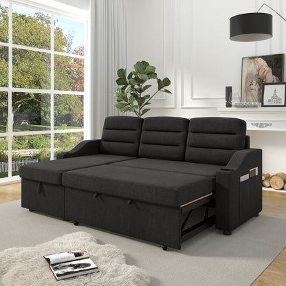 83.5'' Polyester Convertible 3 Seater Sleeper Sofa Couch with Pull-Out Bed, Storage Recliner, Cup Holder, and Side Pockets