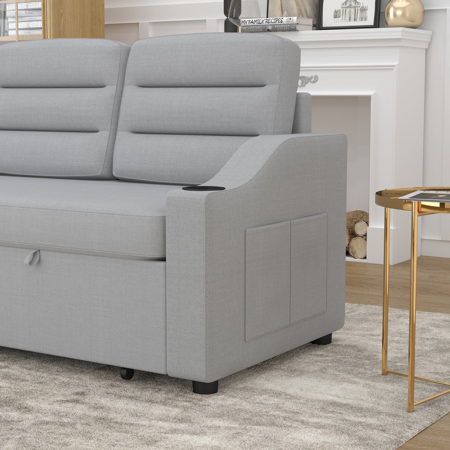 83.5'' Polyester Convertible 3 Seater Sleeper Sofa Couch with Pull-Out Bed, Storage Recliner, Cup Holder, and Side Pockets