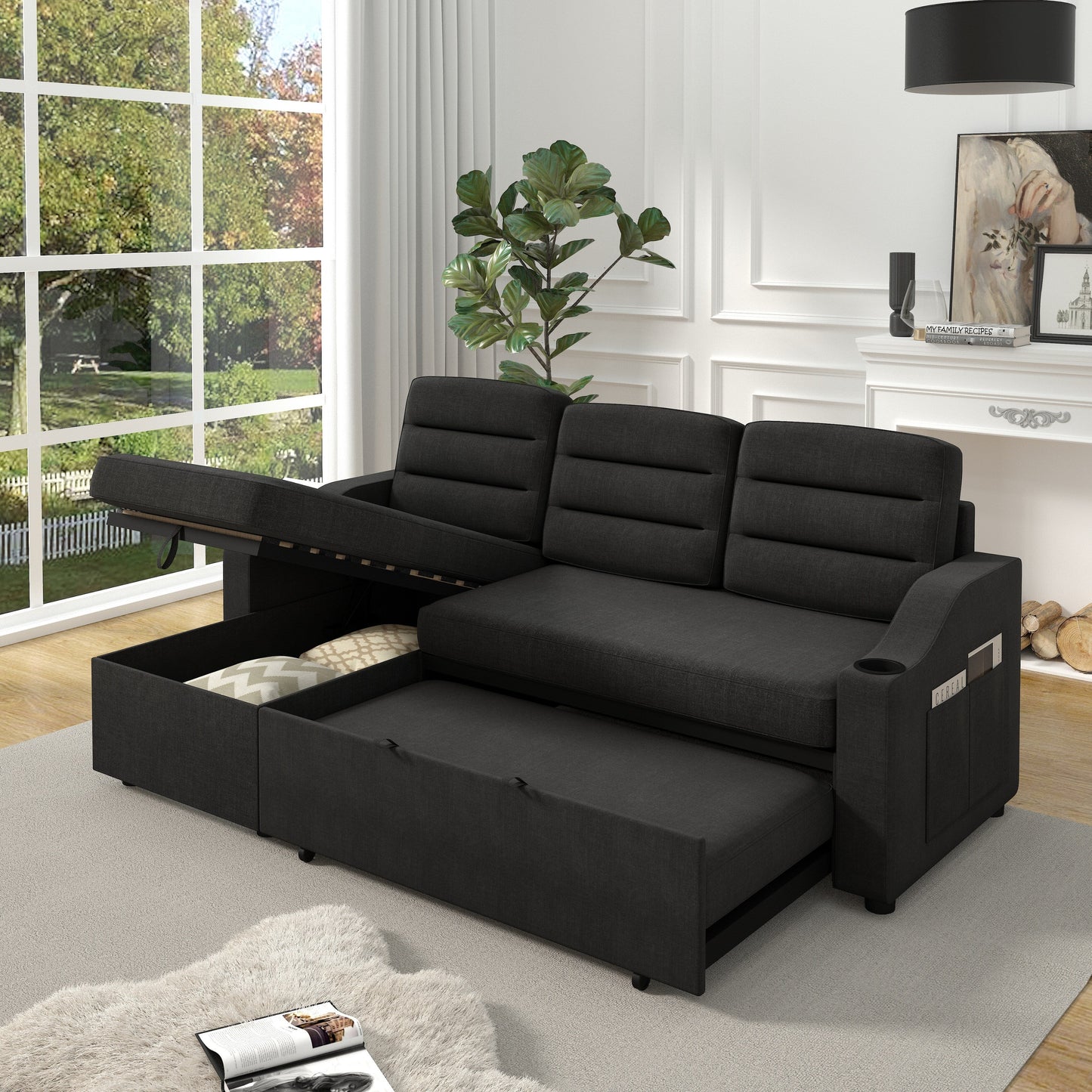 83.5'' Polyester Convertible 3 Seater Sleeper Sofa Couch with Pull-Out Bed, Storage Recliner, Cup Holder, and Side Pockets