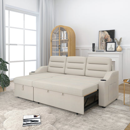 83.5'' Polyester Convertible 3 Seater Sleeper Sofa Couch with Pull-Out Bed, Storage Recliner, Cup Holder, and Side Pockets