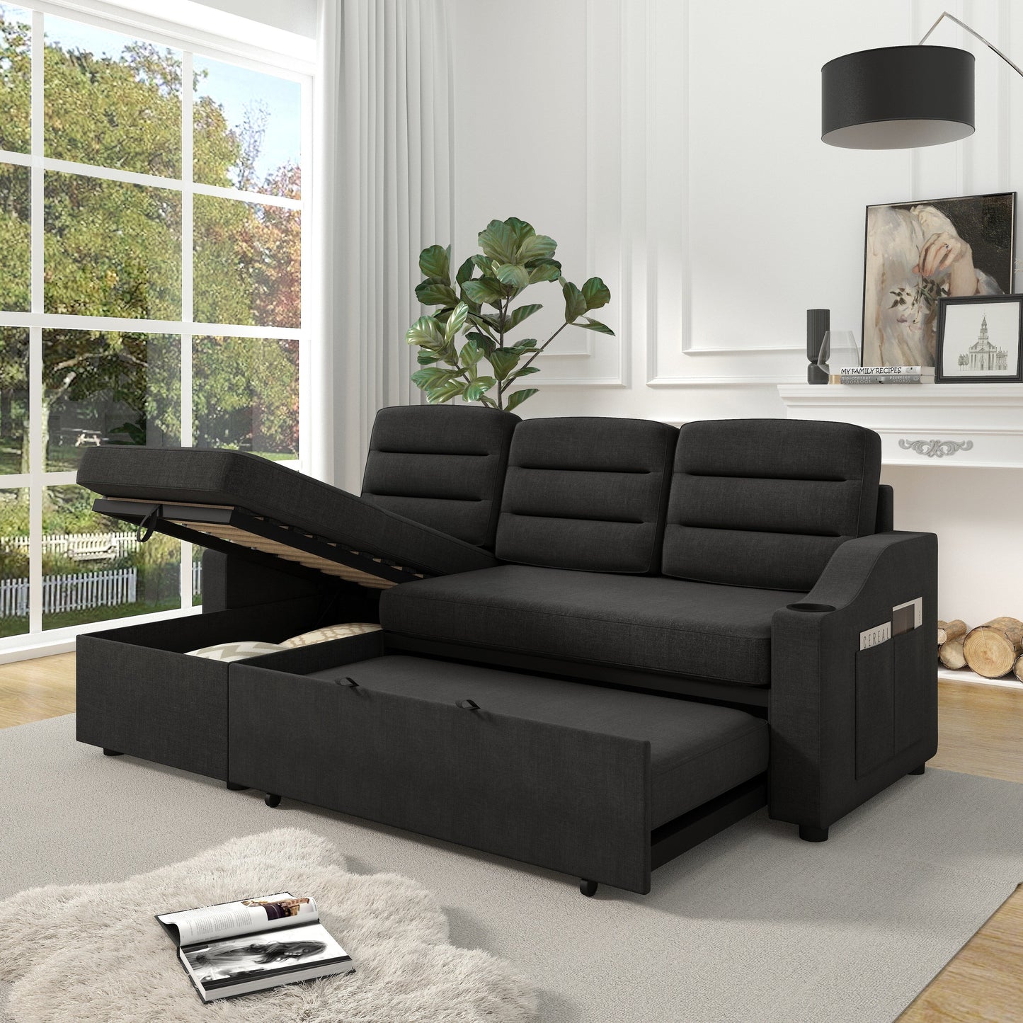 83.5'' Polyester Convertible 3 Seater Sleeper Sofa Couch with Pull-Out Bed, Storage Recliner, Cup Holder, and Side Pockets