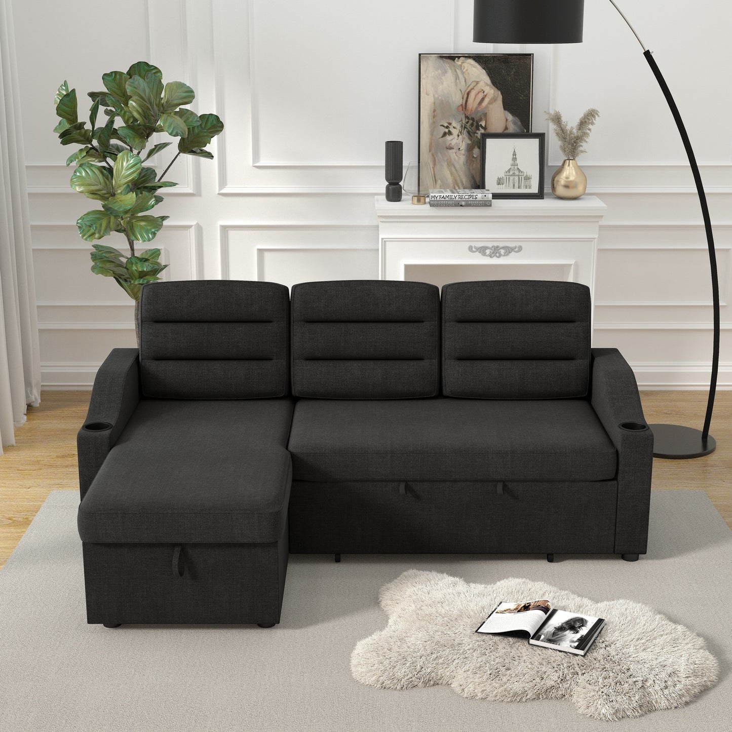 83.5'' Polyester Convertible 3 Seater Sleeper Sofa Couch with Pull-Out Bed, Storage Recliner, Cup Holder, and Side Pockets