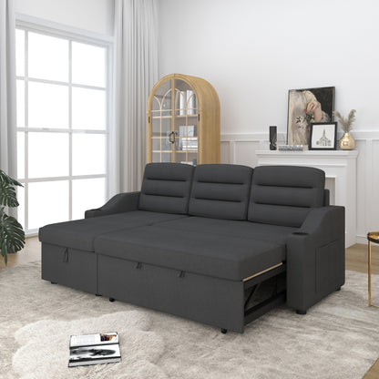 83.5'' Polyester Convertible 3 Seater Sleeper Sofa Couch with Pull-Out Bed, Storage Recliner, Cup Holder, and Side Pockets