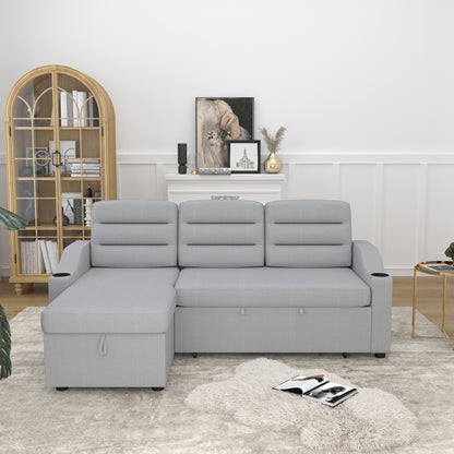 83.5'' Polyester Convertible 3 Seater Sleeper Sofa Couch with Pull-Out Bed, Storage Recliner, Cup Holder, and Side Pockets