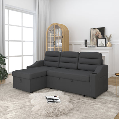 83.5'' Polyester Convertible 3 Seater Sleeper Sofa Couch with Pull-Out Bed, Storage Recliner, Cup Holder, and Side Pockets