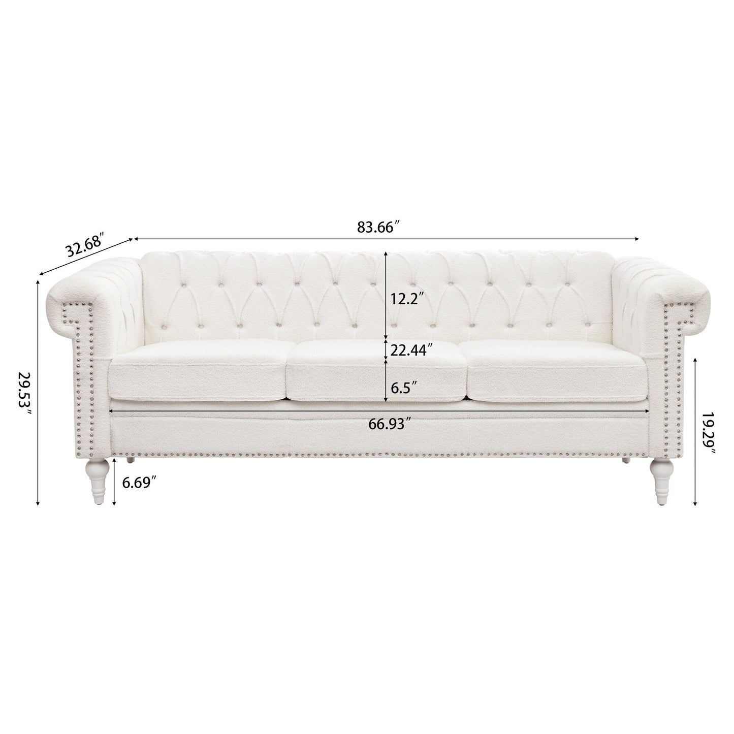83.66 PU Leather Square Arm 3-Seater Sofa with Removable Cushions, Pocket Spring Support, and Studded Trim