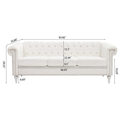 83.66 PU Leather Square Arm 3-Seater Sofa with Removable Cushions, Pocket Spring Support, and Studded Trim