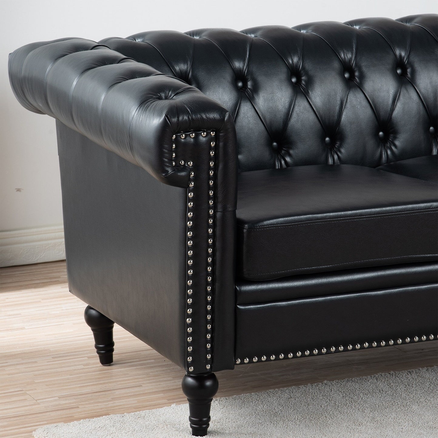 83.66 PU Leather Square Arm 3-Seater Sofa with Removable Cushions, Pocket Spring Support, and Studded Trim