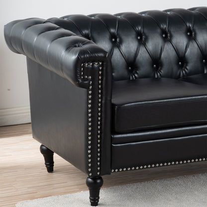83.66 PU Leather Square Arm 3-Seater Sofa with Removable Cushions, Pocket Spring Support, and Studded Trim