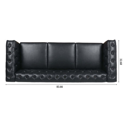 83.66 PU Leather Square Arm 3-Seater Sofa with Removable Cushions, Pocket Spring Support, and Studded Trim
