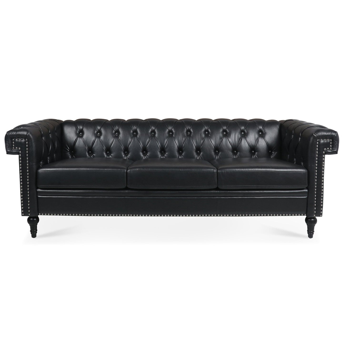 83.66 PU Leather Square Arm 3-Seater Sofa with Removable Cushions, Pocket Spring Support, and Studded Trim