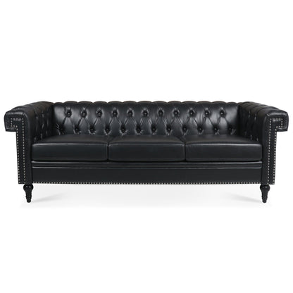 83.66 PU Leather Square Arm 3-Seater Sofa with Removable Cushions, Pocket Spring Support, and Studded Trim